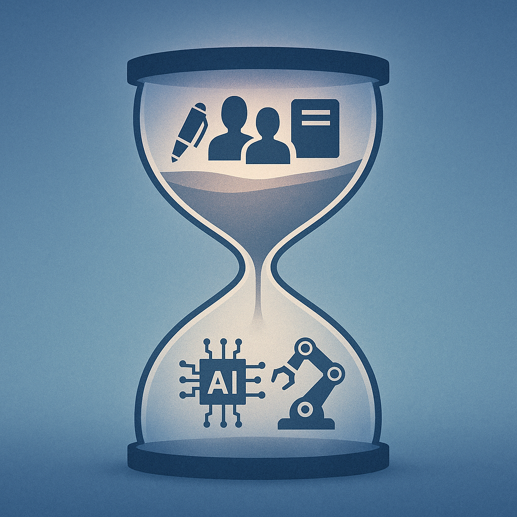 Hourglass with human content icons at the top and AI technology icons at the bottom, symbolizing a shift in content creation.
