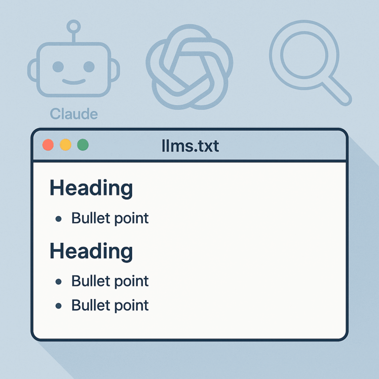 A browser window displaying an llms.txt file with headings and bullet points, set against a backdrop of AI icons including a chatbot, knot symbol, and magnifying glass.
