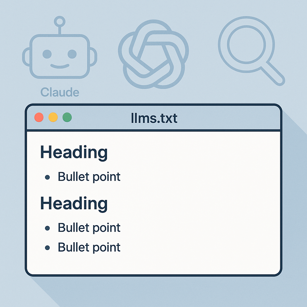 A browser window displaying an llms.txt file with headings and bullet points, set against a backdrop of AI icons including a chatbot, knot symbol, and magnifying glass.