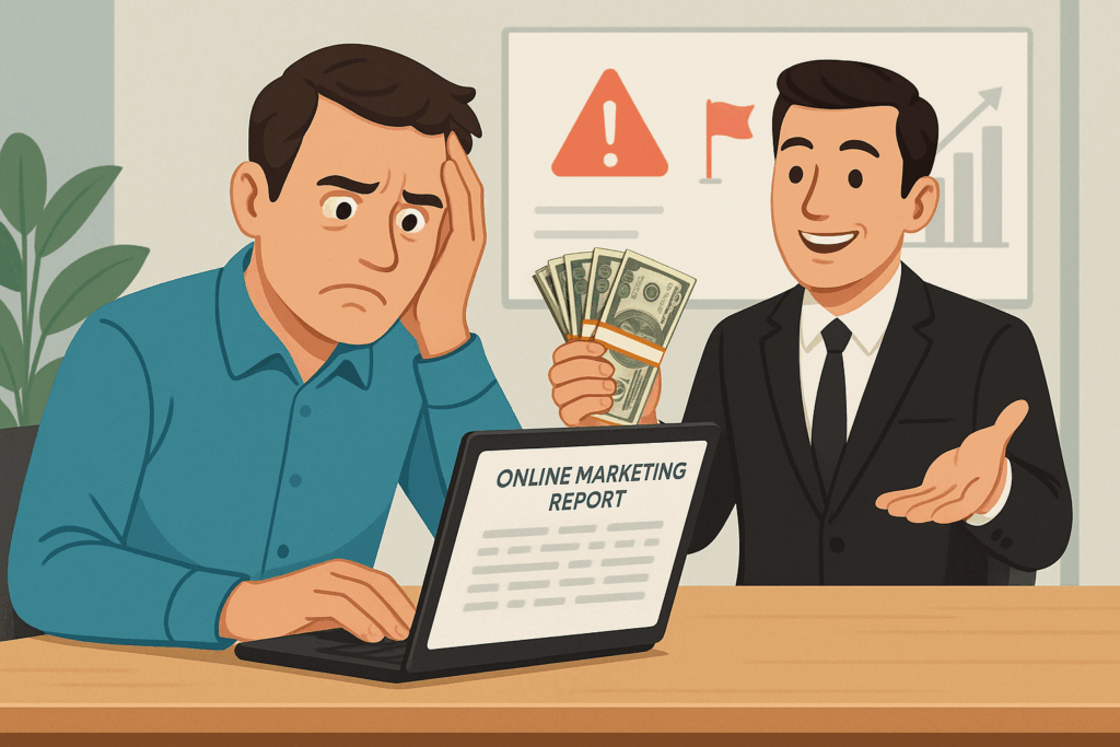 A confused business owner looks at a marketing report on his laptop while a marketing agent in a suit smiles and holds a stack of money, with warning symbols on a chart in the background.