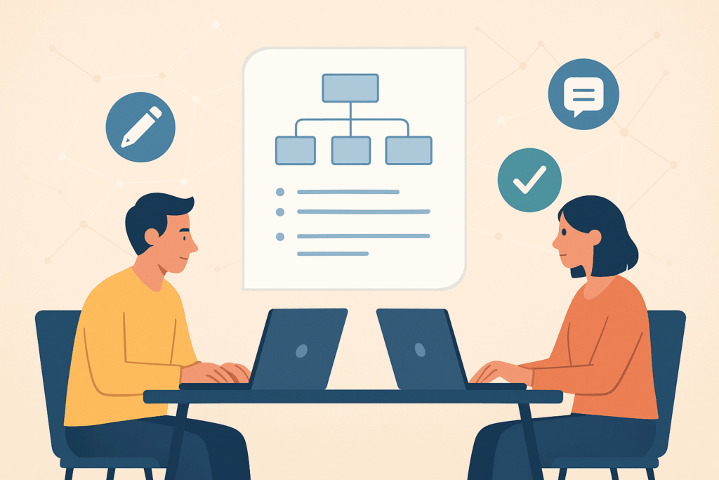 Two professionals collaborating at laptops with a shared document floating between them, surrounded by icons for feedback and tasks.