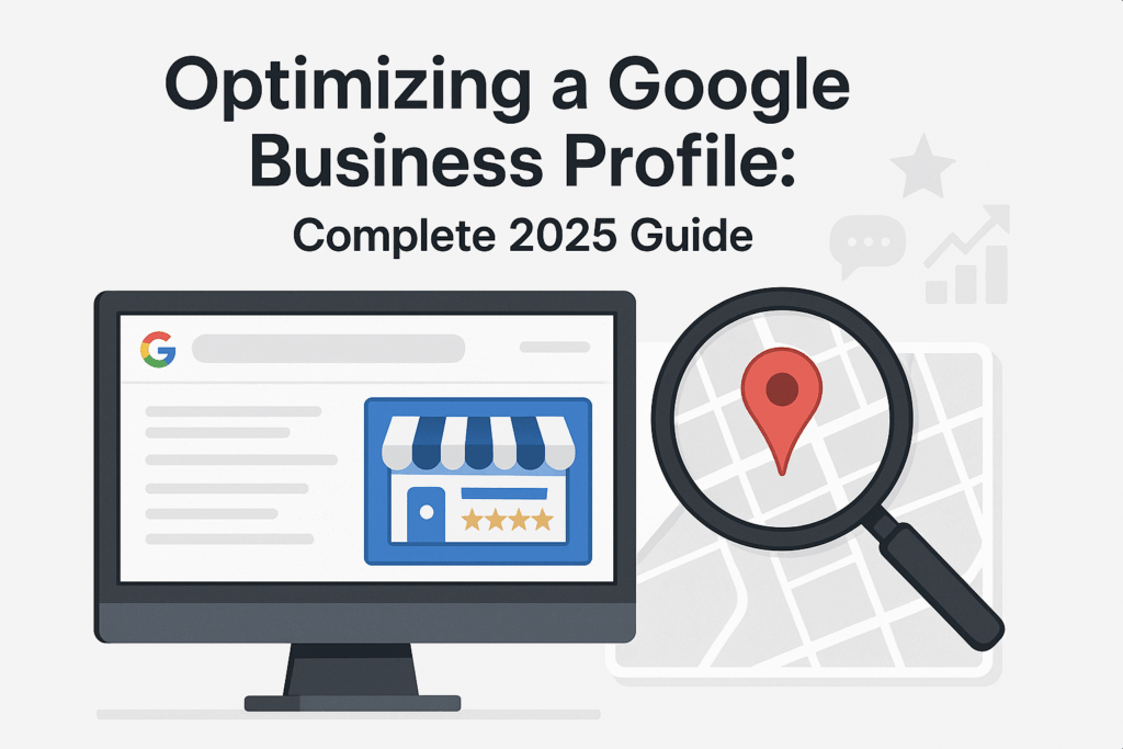 Illustration of a computer screen showing a highlighted Google business listing next to a magnifying glass over a map with a red location pin.