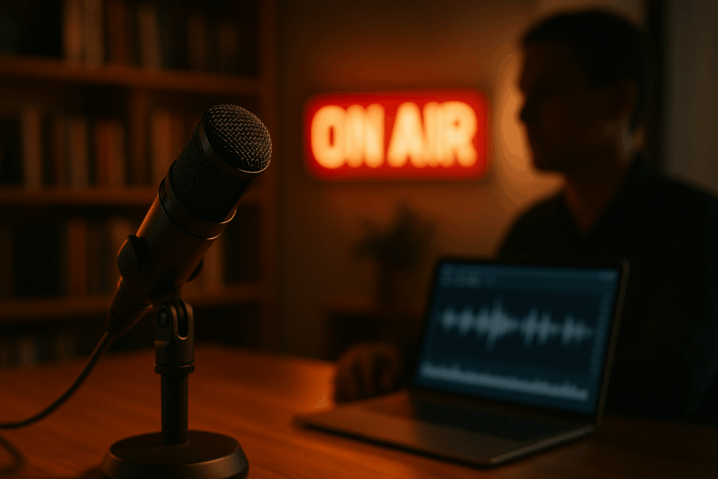 Podcast microphone with "ON AIR" sign and blurred guest in background during a recording sesions