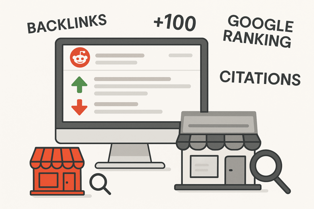 Illustration of a computer screen showing a Reddit SEO thread, surrounded by keywords like backlinks, citations, and Google ranking, with icons of storefronts and a magnifying glass.