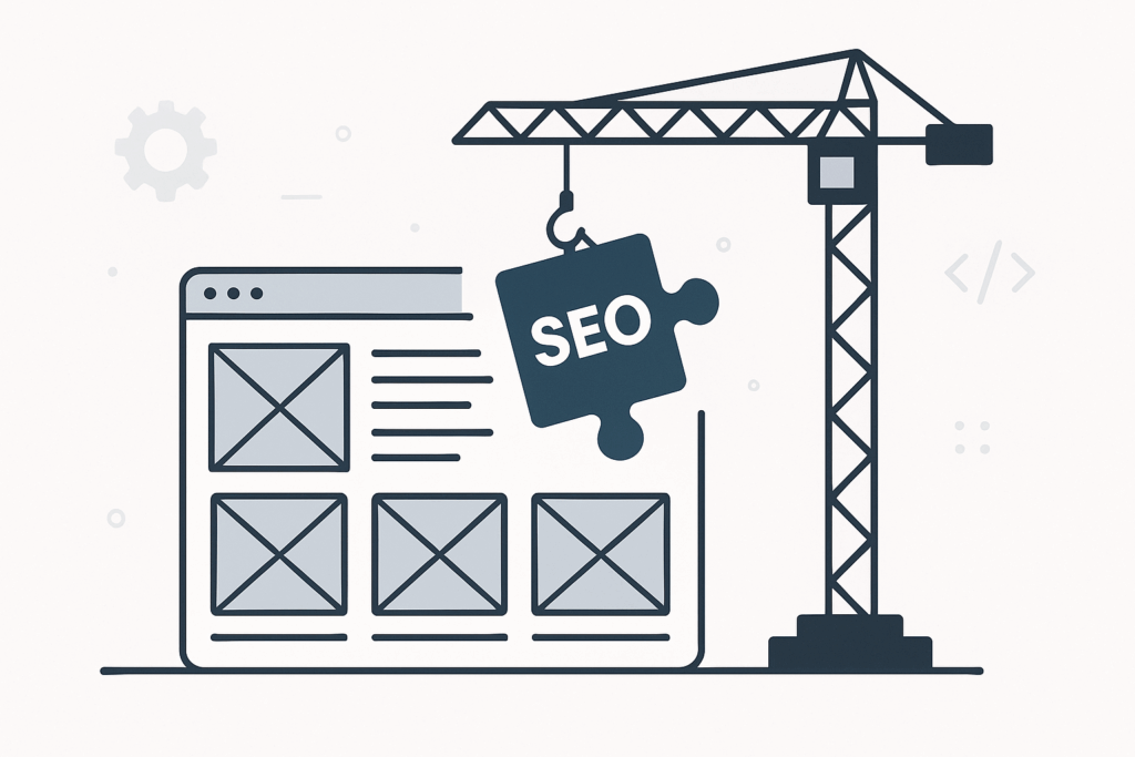 Illustration of a crane placing an SEO puzzle piece into a partially built website wireframe
