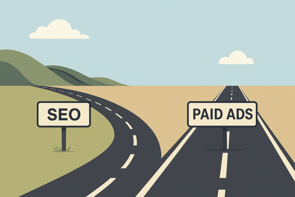 Split road with signs pointing to "SEO" on a winding path through hills and "Paid Ads" on a straight path through flat terrain.