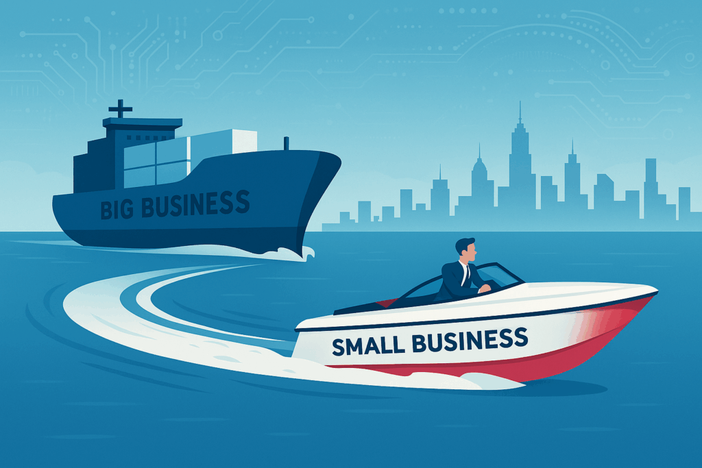 Illustration of a small speedboat labeled "Small Business" racing ahead of a large cargo ship labeled "Big Business" on open water with a digital cityscape in the background.