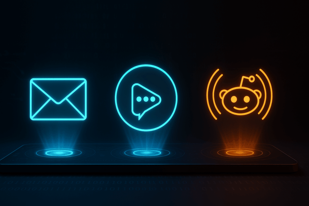 Holographic icons representing AI-powered marketing tactics: a blue envelope for cold email outreach, a blue chatbot in a play button for video automation, and an orange Reddit alien with signal waves for strategic engagement, all floating above a dark digital dashboard.