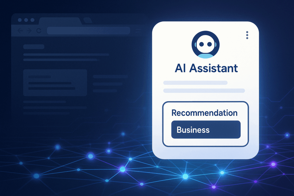 Futuristic AI assistant interface recommending a business, hovering above a glowing digital network, with a faded traditional web browser in the background.
