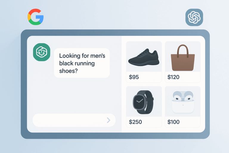 Digital illustration of an AI shopping assistant interface showing a chatbot asking “Looking for men’s black running shoes?” next to a grid of product images including shoes, a tote bag, a smartwatch, and earbuds with visible prices.