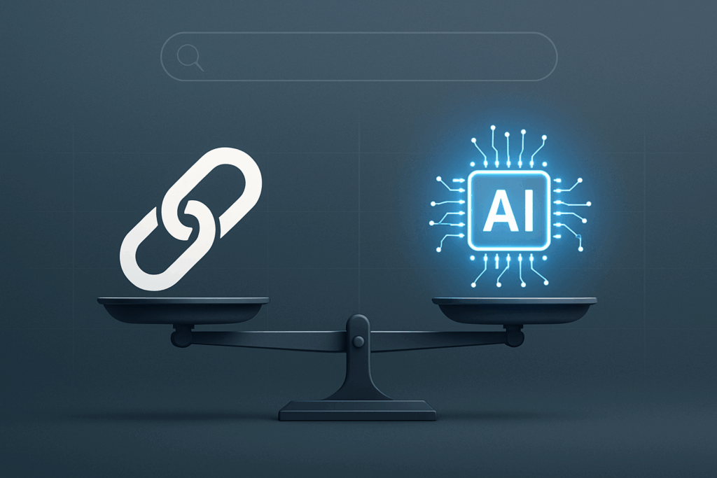 A digital scale with a white chain link icon on the left and a glowing blue AI microchip icon on the right, tilted slightly toward the AI side, set against a dark gradient background with a subtle grid overlay.