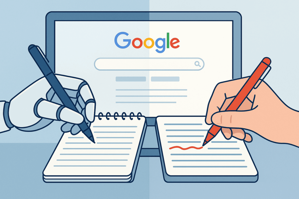 Split-screen illustration of a robot hand writing with a pen and a human hand editing with a red pen in front of a Google search page.