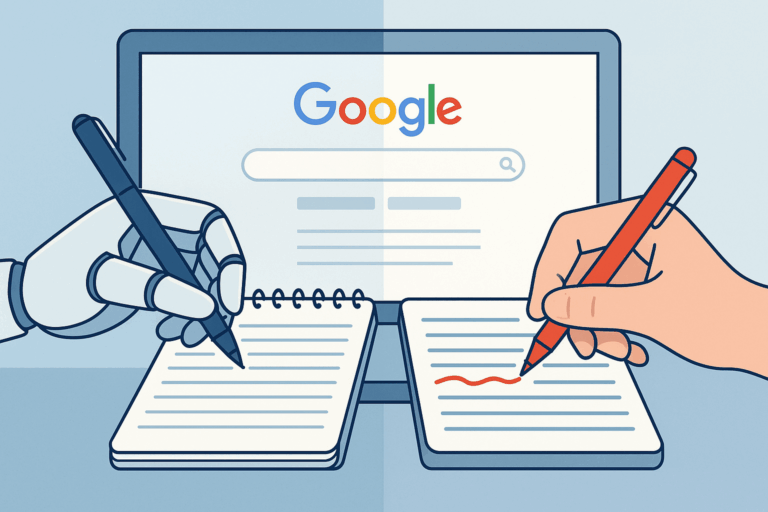Split-screen illustration of a robot hand writing with a pen and a human hand editing with a red pen in front of a Google search page.