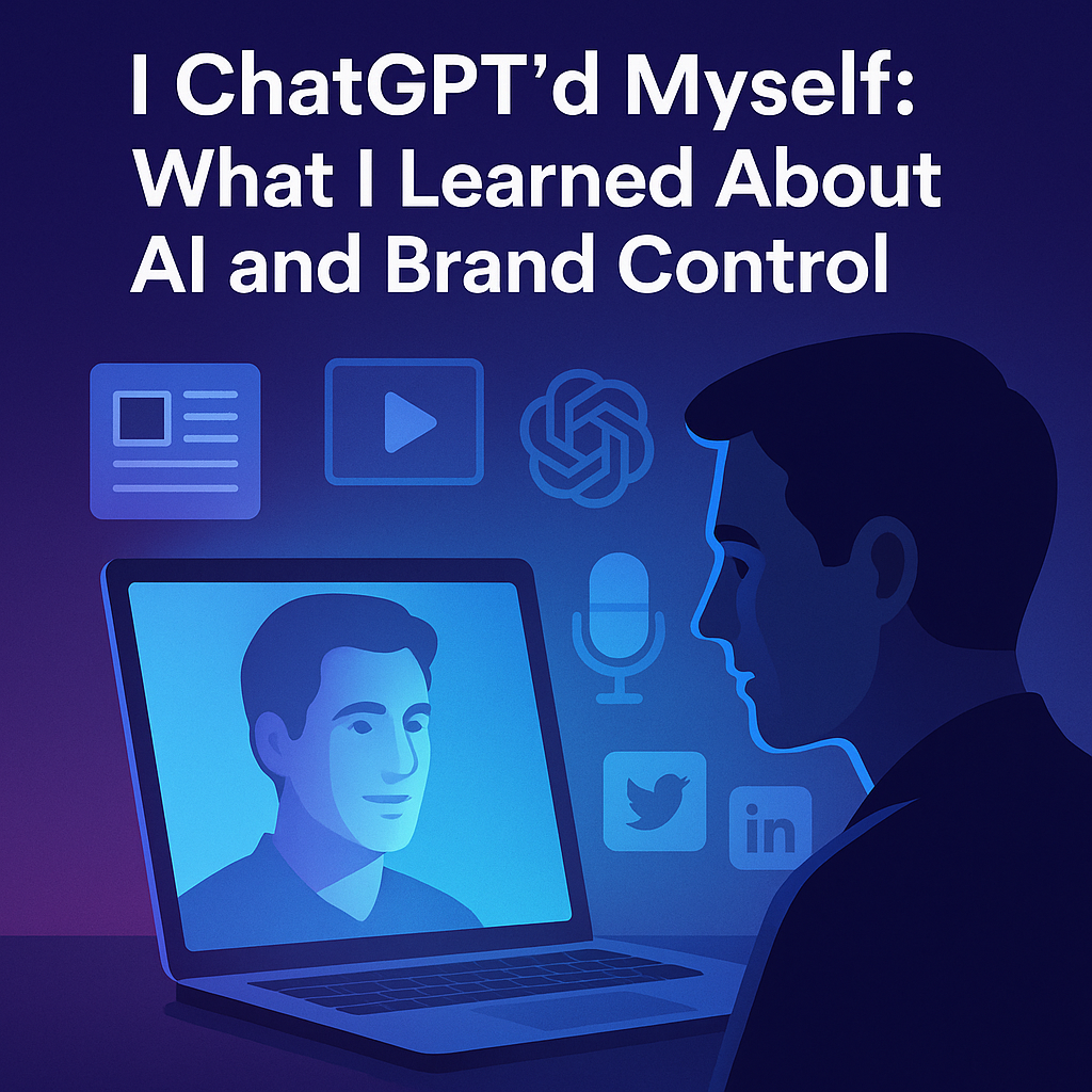 A person gazes at a glowing laptop screen displaying their own digital reflection, surrounded by floating icons representing blog posts, videos, podcasts, and social media platforms, with a ChatGPT logo in the background. The scene is rendered in cool blue and purple tones.