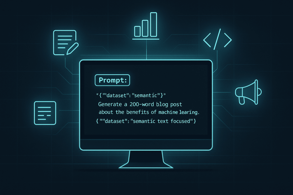 A glowing computer monitor displays a structured AI prompt, surrounded by neon icons representing writing, data, coding, and marketing, all set against a dark grid-patterned background.