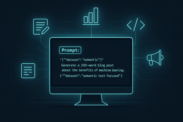 A glowing computer monitor displays a structured AI prompt, surrounded by neon icons representing writing, data, coding, and marketing, all set against a dark grid-patterned background.