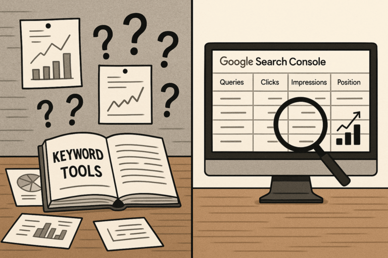 Split-screen illustration showing a cluttered desk with keyword tools and question marks on the left, and a clean computer screen displaying Google Search Console data with a magnifying glass highlighting impressions on the right.