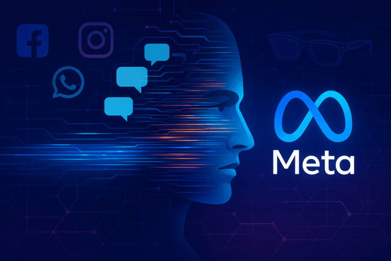 Digital illustration showing a human face composed of chat bubbles and data streams flowing into the Meta logo, surrounded by icons for Facebook, Instagram, and WhatsApp, with an outline of Ray-Ban smart glasses in the background.