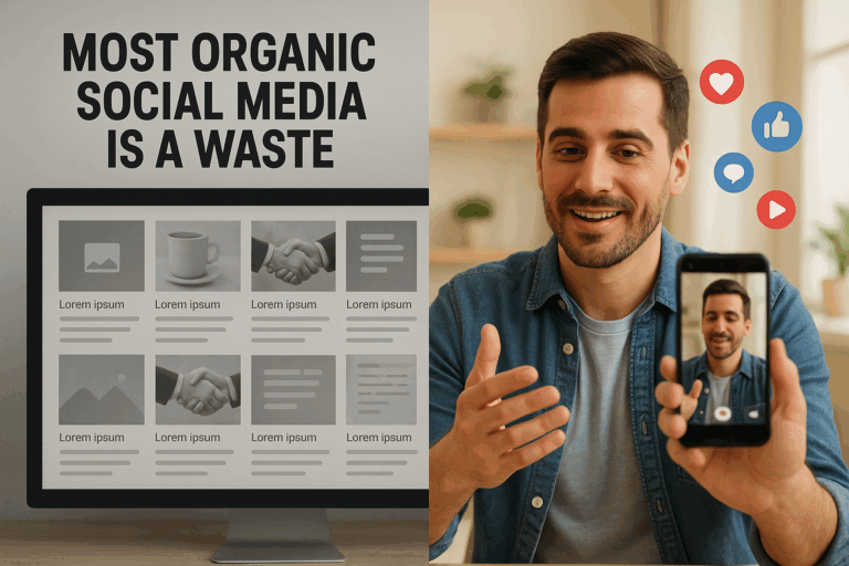 Split-screen showing contrast between generic social media posts and authentic personal video content. Left side displays dull, templated posts on a computer screen; right side shows a smiling man recording a video on his phone with social media icons floating around him.