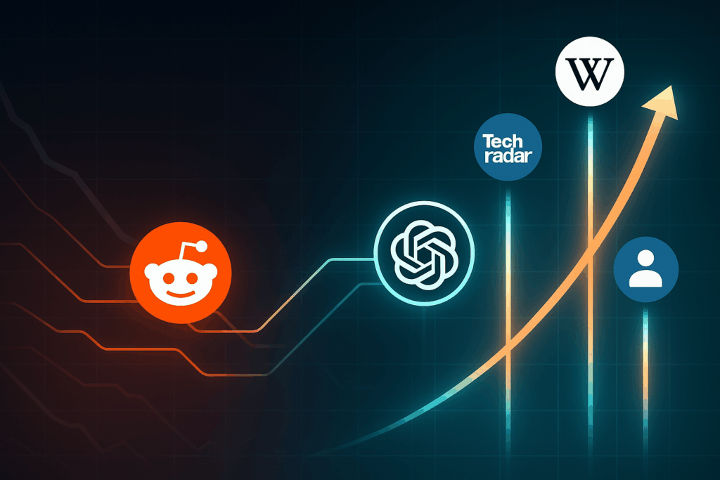 Chart-style illustration showing Reddit’s traffic decline from ChatGPT alongside rising citations for Wikipedia, TechRadar, and review platforms, symbolizing shifting AI citation trends.