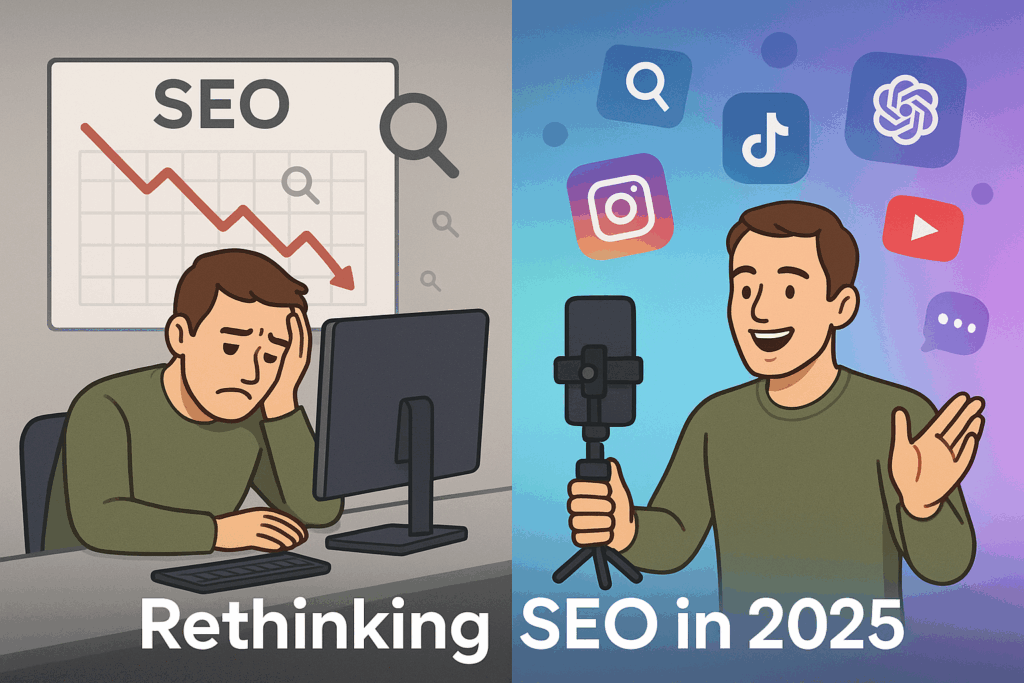 Split-screen illustration showing a man frustrated with declining SEO results on the left, and the same man happily recording a short video surrounded by social media and AI icons on the right, symbolizing the shift from traditional SEO to modern marketing strategies.