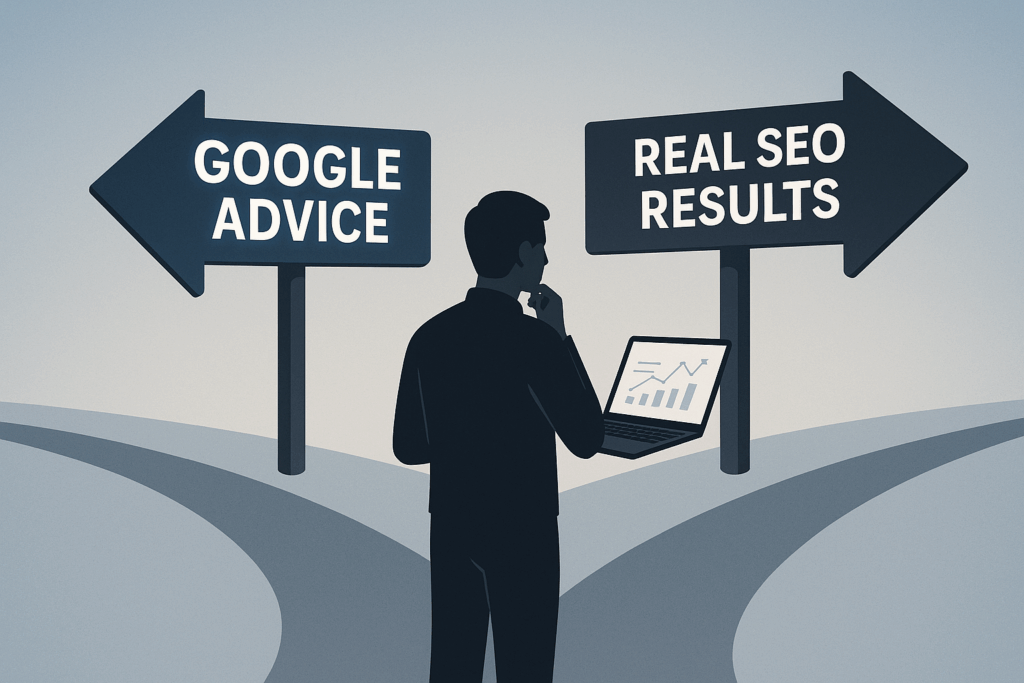 Illustration of a person standing at a crossroads holding a laptop, choosing between two signs labeled “Google Advice” and “Real SEO Results.”