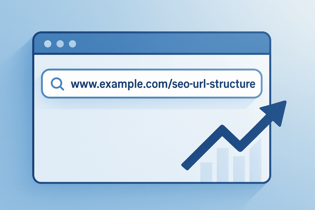 Illustration of a web browser window showing a clear, keyword-rich URL “www.example.com/seo-url-structure” with an upward arrow and bar graph symbolizing improved search rankings.