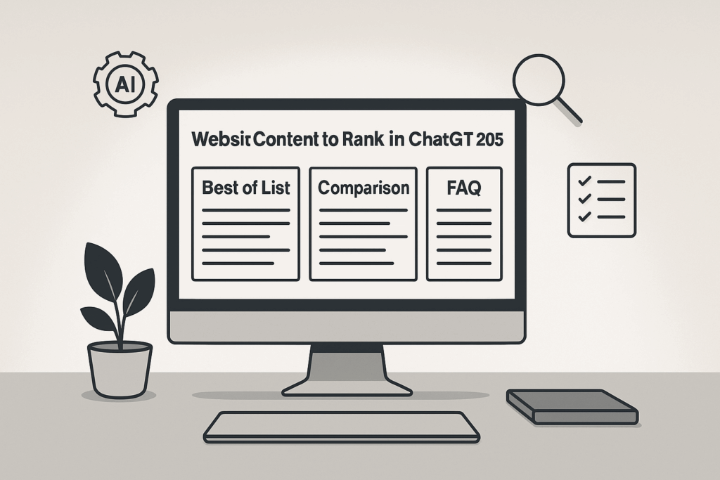 Illustration of a modern desktop computer displaying a wireframe webpage with sections titled "Best of List," "Comparison," and "FAQ," surrounded by icons representing AI, search, and content strategy in a minimalist office setting.