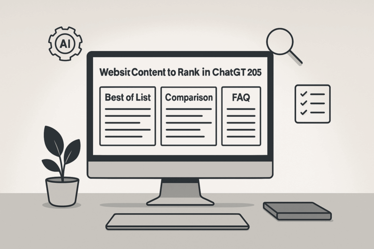 Illustration of a modern desktop computer displaying a wireframe webpage with sections titled "Best of List," "Comparison," and "FAQ," surrounded by icons representing AI, search, and content strategy in a minimalist office setting.