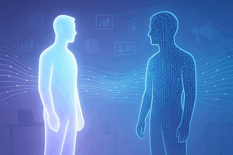 A glowing human silhouette faces its digital twin made of circuit patterns, connected by flowing data lines in a futuristic office with faint marketing icons in the background.