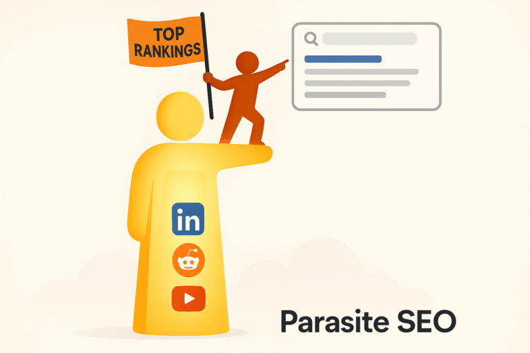 Illustration of a small orange figure holding a "Top Rankings" flag, standing on the shoulder of a larger glowing yellow figure representing major platforms like LinkedIn, Reddit, and YouTube, with a search engine results page in the background.