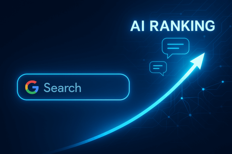 A glowing blue digital illustration showing a Google search bar on the left and an upward arrow leading to “AI Ranking” with chat bubbles on the right, symbolizing the rise of AI-driven search over traditional SEO.
