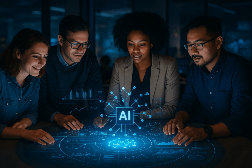 A diverse group of professionals collaborates around a glowing holographic table displaying AI data visuals in a modern office setting.