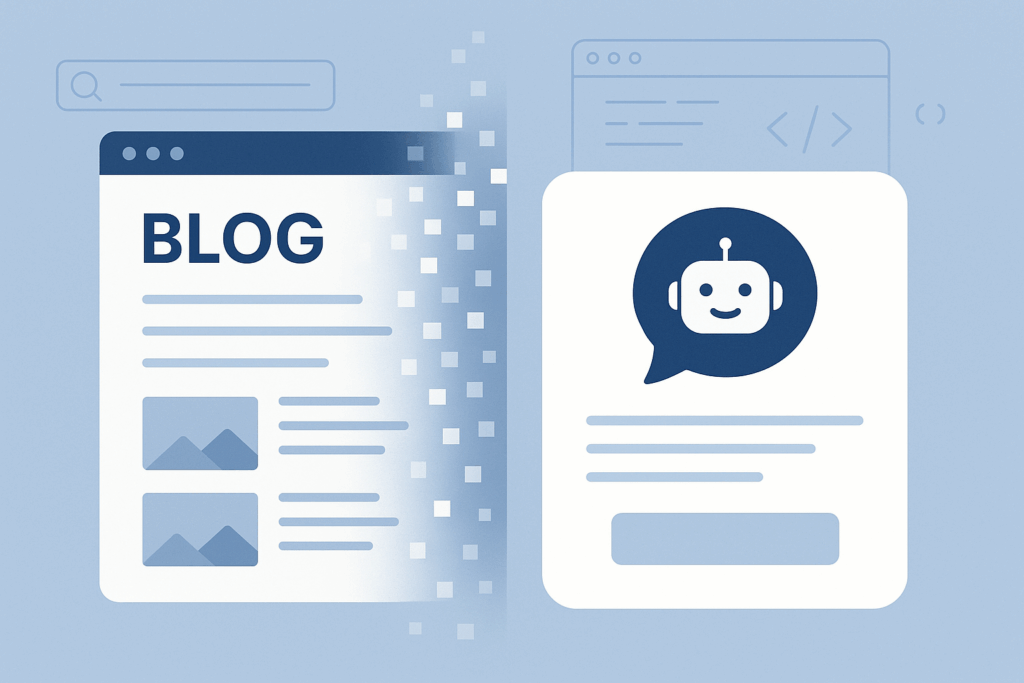 Illustration showing a traditional blog page disintegrating into pixels on the left, while a chatbot interface with a smiling robot icon emerges on the right, representing the shift from blogging to AI-generated content.