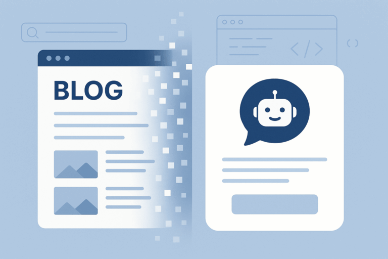 Illustration showing a traditional blog page disintegrating into pixels on the left, while a chatbot interface with a smiling robot icon emerges on the right, representing the shift from blogging to AI-generated content.