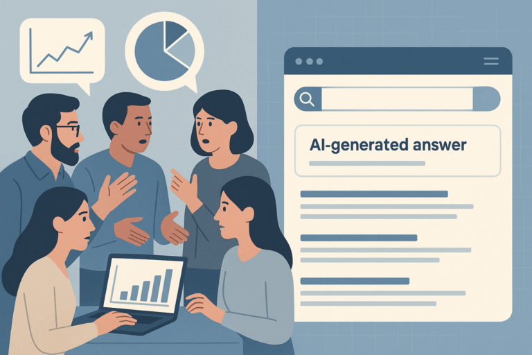 Split-screen illustration showing SEO experts in discussion on the left and a search engine with an AI-generated answer box on the right.