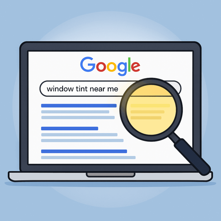 Illustration of a laptop showing a Google search for “window tint near me,” with a magnifying glass highlighting the top search result on the screen.