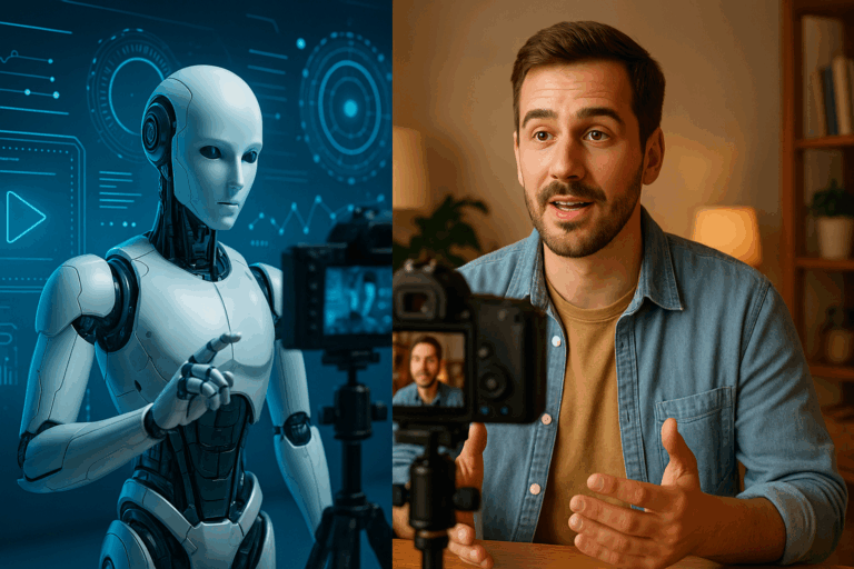 Split-screen image showing a humanoid robot recording video in a futuristic blue-lit studio on the left, and a human man speaking warmly to a camera in a cozy home setting on the right, illustrating the contrast between AI-generated and real human video content.