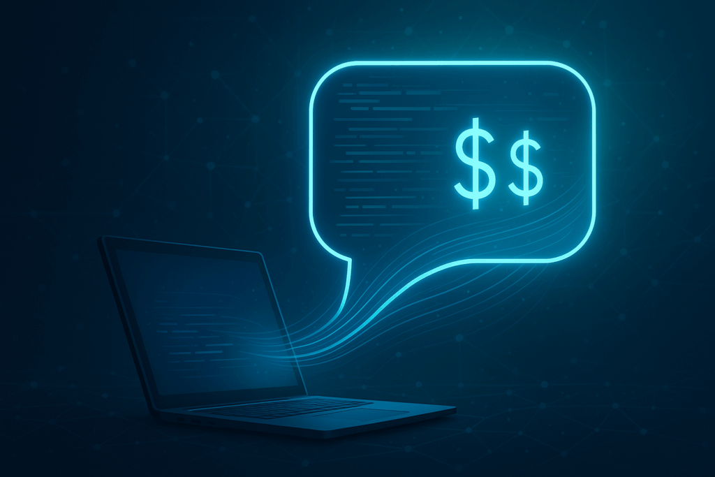 Illustration of a glowing speech bubble with dollar signs emerging from a laptop screen, symbolizing the monetary value of AI chat prompts, set against a dark blue digital background with network lines.