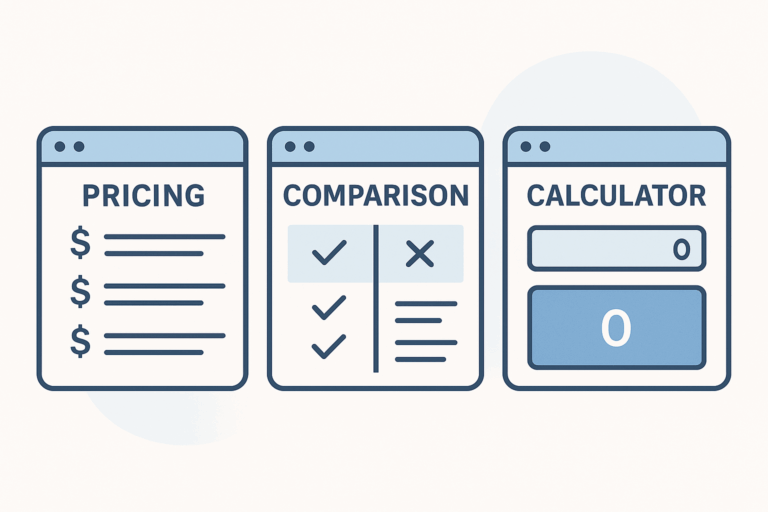 Illustration of three web browser windows labeled Pricing, Comparison, and Calculator, each displaying simplified content elements like dollar signs, checkmarks, and number input fields, representing popular blog content types.