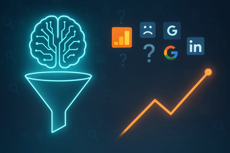 A glowing digital funnel with an AI brain icon above it, surrounded by analytics and social media logos on a dark tech-themed background, with a rising orange line graph indicating growth.