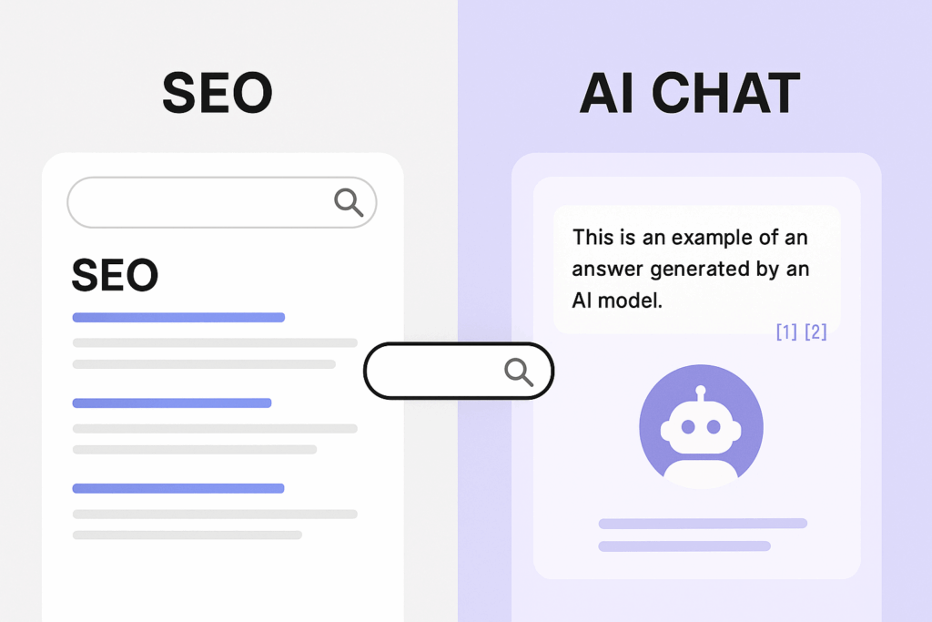 A side-by-side comparison showing a traditional SEO search results page on the left with blue links, and an AI chatbot interface on the right displaying a conversational answer with citations. A central search bar connects both sides, illustrating unified search strategy.