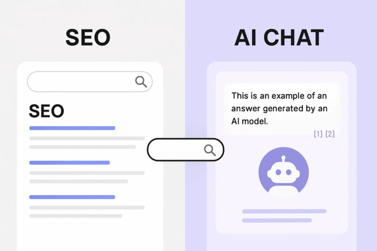 A side-by-side comparison showing a traditional SEO search results page on the left with blue links, and an AI chatbot interface on the right displaying a conversational answer with citations. A central search bar connects both sides, illustrating unified search strategy.