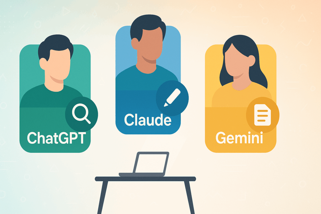 Illustration showing stylized avatars for ChatGPT, Claude, and Gemini, each with distinct icons and labels, surrounding a central desk with a laptop.