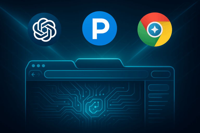 Futuristic web browser interface with AI circuitry, featuring floating logos of ChatGPT Atlas, Perplexity Comet, and Google Chrome with Gemini above the interface, set against a dark digital background with glowing light beams.