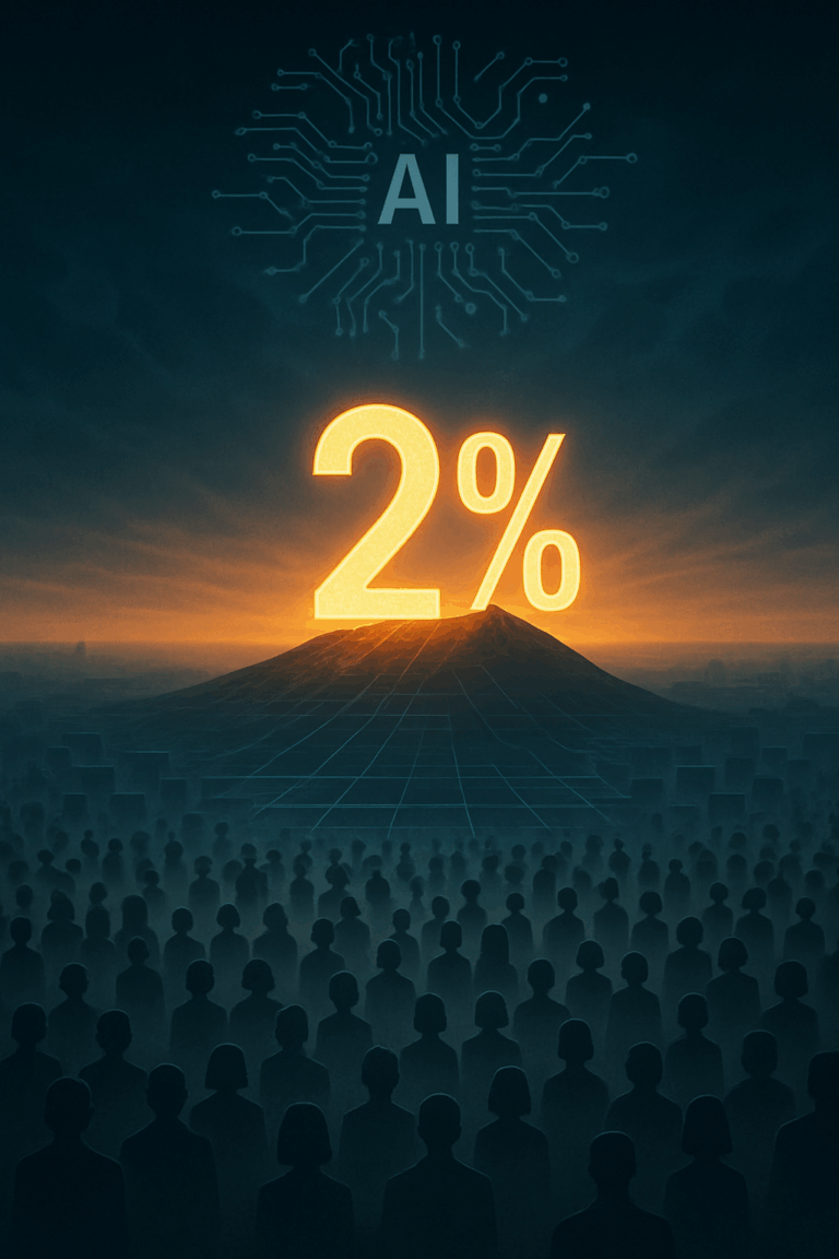 Illustration of a glowing "2%" standing on a hill under a circuit-patterned AI sky, with fog-covered crowds below and a futuristic grid landscape in the background.