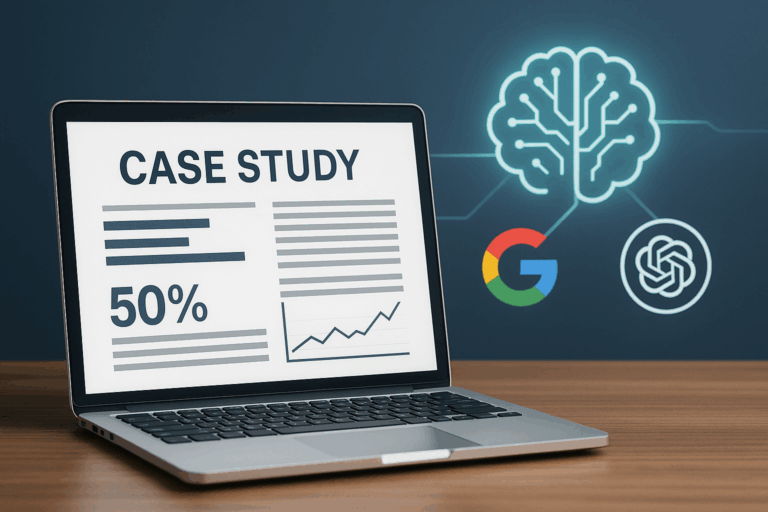 Open laptop displaying a case study document with charts and a "50%" statistic, set on a wooden desk, with a glowing AI brain icon connecting to Google and ChatGPT logos in the background.