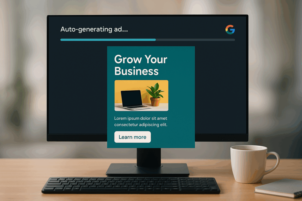 A desktop monitor on a modern wooden desk shows a Google-branded screen with an ad being auto-generated, including the text "Grow Your Business" and a mockup featuring a laptop and plant. A keyboard, coffee mug, and notebook are arranged neatly nearby.