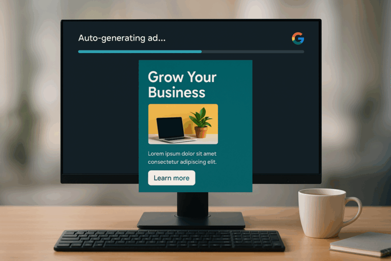 A desktop monitor on a modern wooden desk shows a Google-branded screen with an ad being auto-generated, including the text "Grow Your Business" and a mockup featuring a laptop and plant. A keyboard, coffee mug, and notebook are arranged neatly nearby.