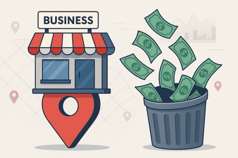Illustration of a business storefront on a Google Maps pin next to a trash can filled with flying dollar bills, symbolizing wasted money.